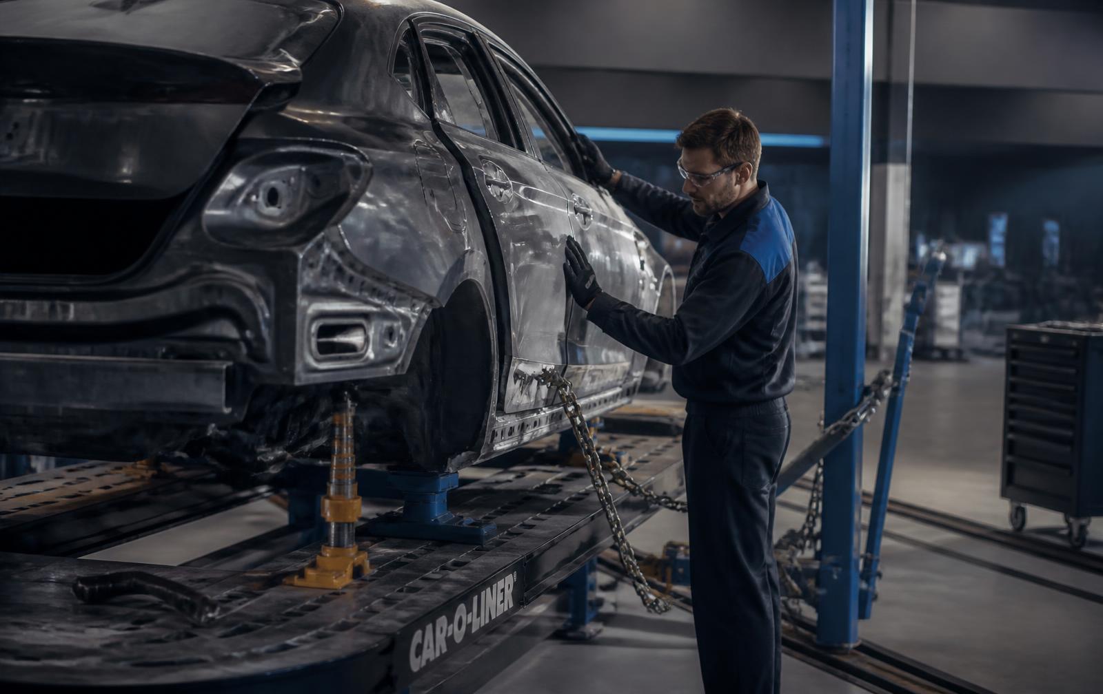 Technician inspecting a stripped vehicle body on a frame measuring rack at Airpark Auto Collision